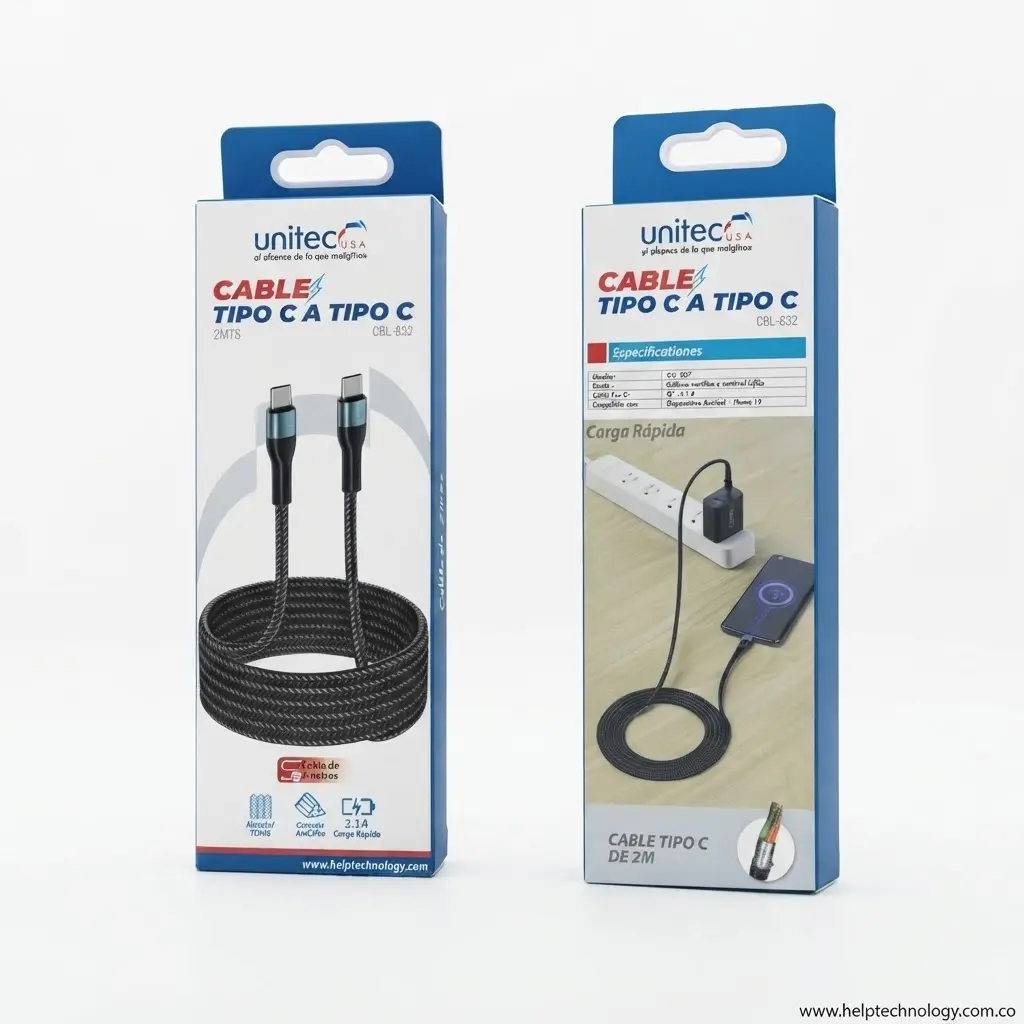 Cable USB-C a USB-C (Tipo C) Unitec CBL-832 2 Metros Carga Rápida 3.1A 01.webp