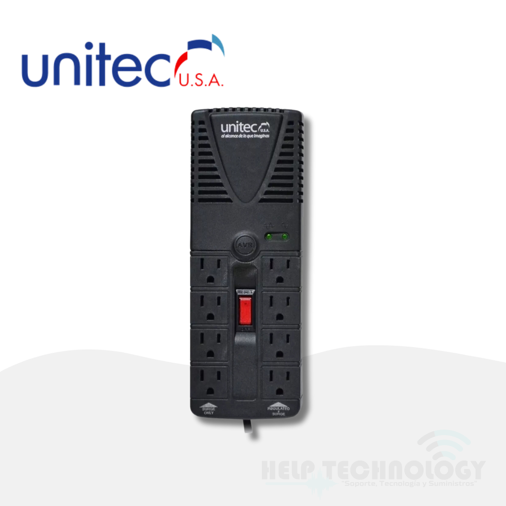 Regulador de Voltaje Unitec 8 Tomas U1200 Pro Negro para Protección de Equipos