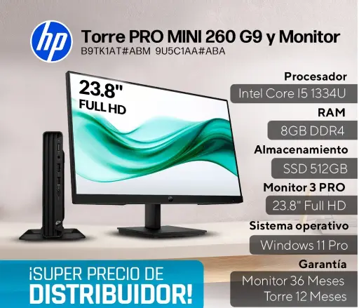 PC HP Pro Mini 260 G9, Intel Core I5 1334U, SSD 512GB, DDR4 8GB, NO DVD, Monitor 23.8" 324PF FHD, Windows 11 Pro